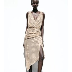 Zara NWT sequin midi dress gold 3197/869
